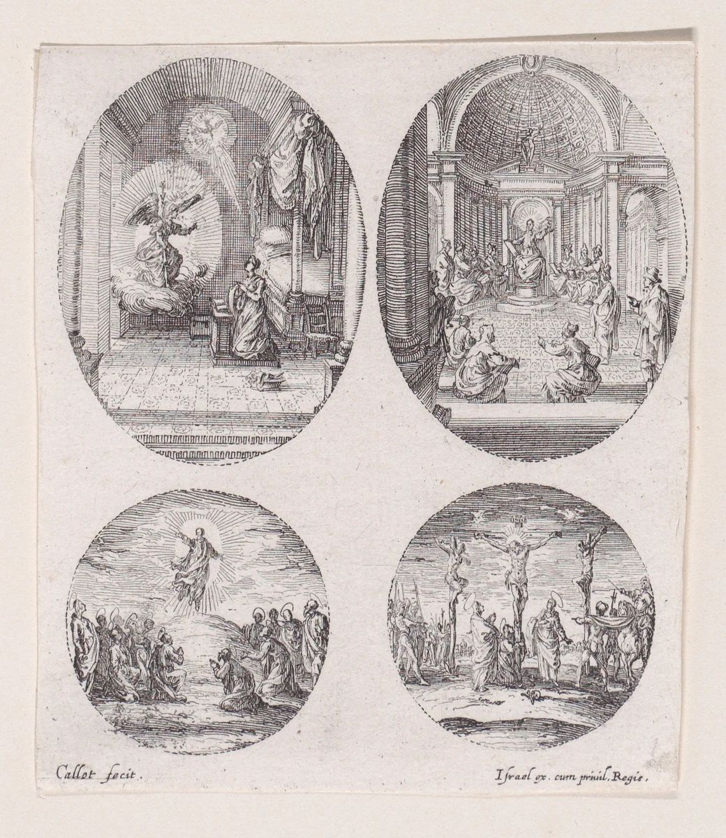 Plate Containing Three Oval Medallions, from "Variae tum Passionis Christi tum vitae beatae Mariae Virginis; Les Mystères de la Passion suite appelée aussi Mystères de la Vie de Jésus et Mystères de la Vie de Jésus et de la Vie de la Ste. Vierge" (The Mysteries of the Passion, also called the Mysteries of the Life of Jesus, and the Mysteries of the Life of Jesus and of the Virgin) by Jacques Callot, print, 1626-1636
