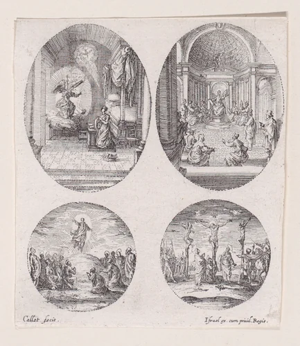 Plate Containing Three Oval Medallions, from "Variae tum Passionis Christi tum vitae beatae Mariae Virginis; Les Mystères de la Passion suite appelée aussi Mystères de la Vie de Jésus et Mystères de la Vie de Jésus et de la Vie de la Ste. Vierge" (The Mysteries of the Passion, also called the Mysteries of the Life of Jesus, and the Mysteries of the Life of Jesus and of the Virgin) by Jacques Callot, print, 1626-1636