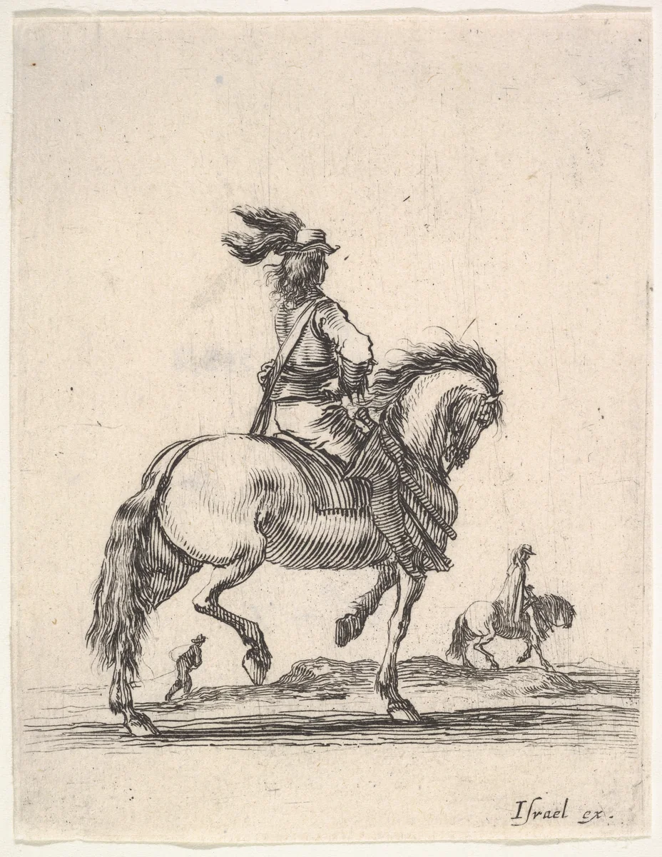 A horseman in center, walking towards the right, a horseman and a footsoldier in the background, seen from behind, from "Various cavalry exercises" (Diverses exercices de cavalerie) by Stefano della Bella, print, 1642-1645