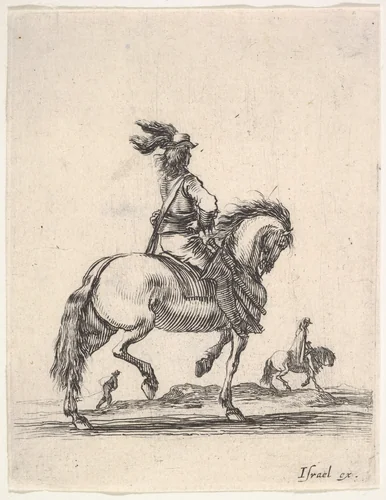 A horseman in center, walking towards the right, a horseman and a footsoldier in the background, seen from behind, from "Various cavalry exercises" (Diverses exercices de cavalerie) by Stefano della Bella, print, 1642-1645