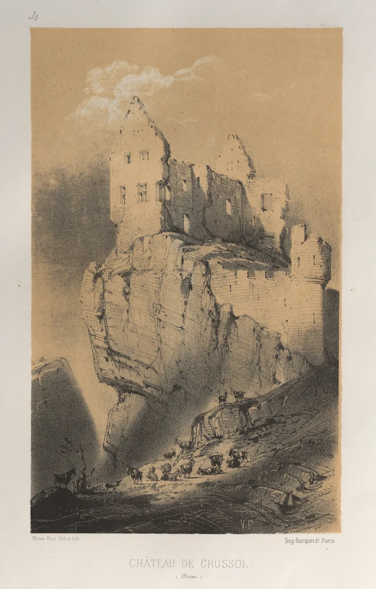 Architecture Pittoresque ou Monuments des xveme. Et xvieme. Siecles: Chateaux De France des XV et XVI Siecles: Pl. 30, Chateau De Crussol (Drome) by Victor Petit, print, 1860