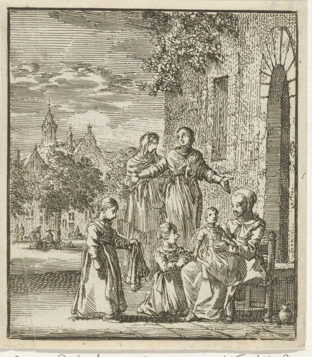 Drie meisjes spelen op straat met een pop by Jan Luyken, print, 1712