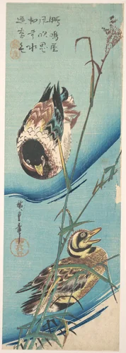 Mallard Ducks and Snow-covered Reeds by Utagawa Hiroshige (歌川広重), print, 1833-1853