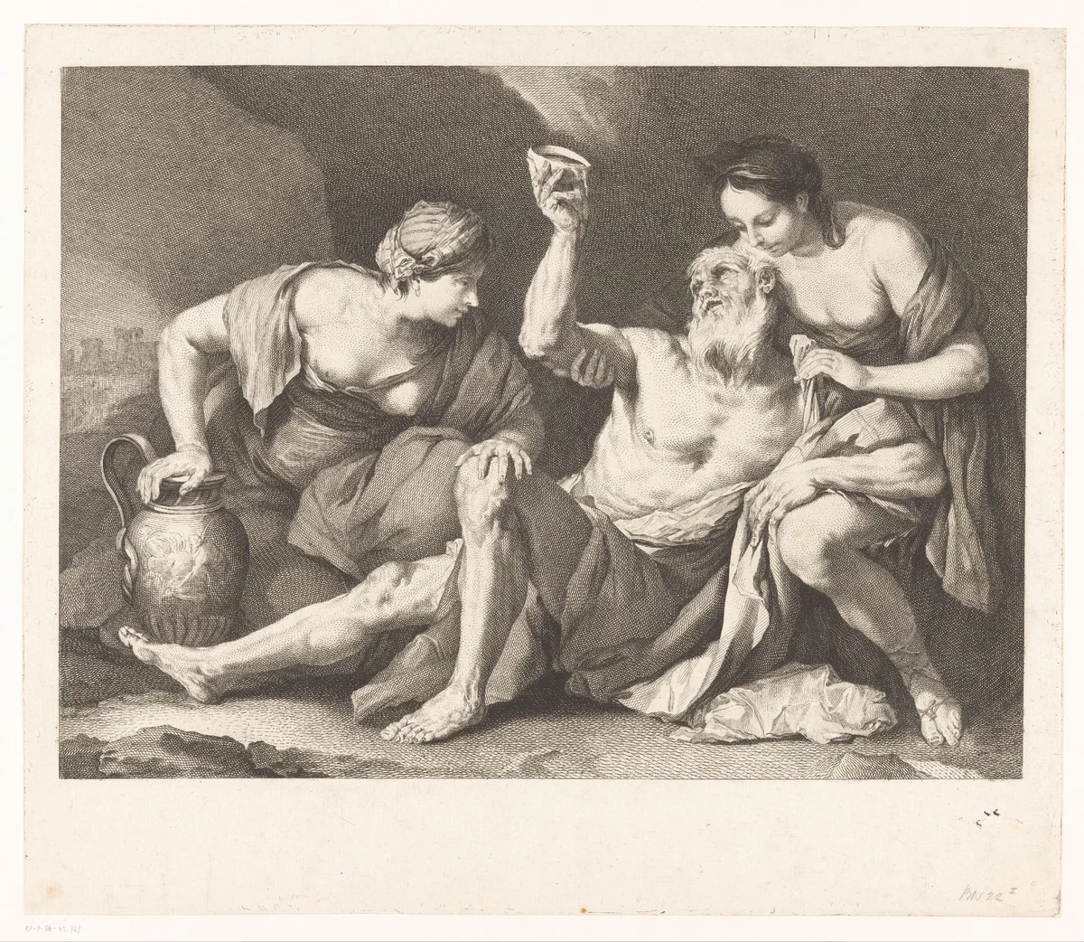 Lot dronken gevoerd door zijn dochters by Jacques Beauvarlet, print, 1741-1797