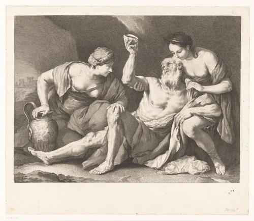 Lot dronken gevoerd door zijn dochters by Jacques Beauvarlet, print, 1741-1797