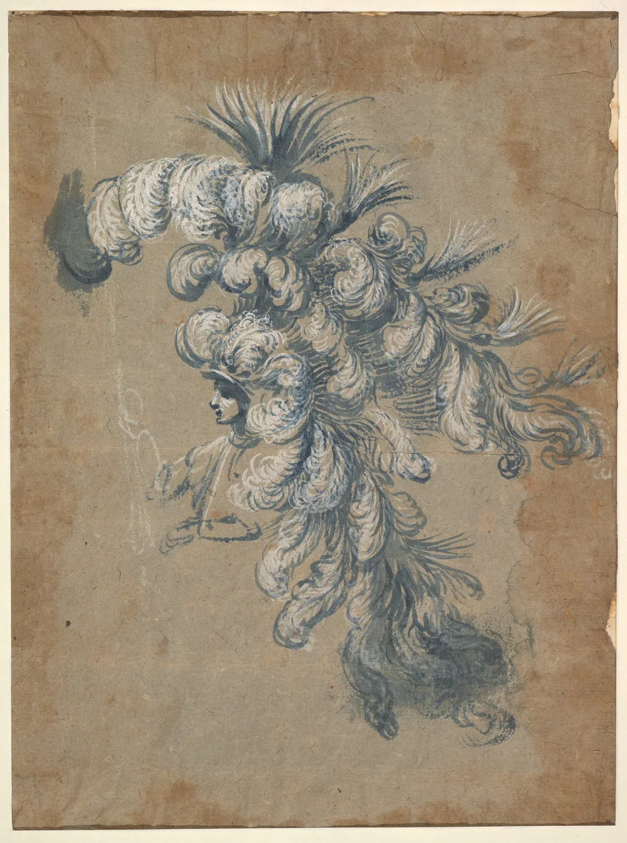 Design for a Lavish Headdress with Feathers by Baccio del Bianco, drawing, 1604-1656