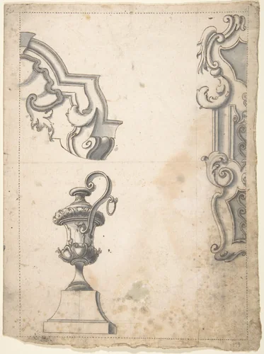 Designs for Parts of Frames and an Amphora by anonymous, drawing, 1700-1780