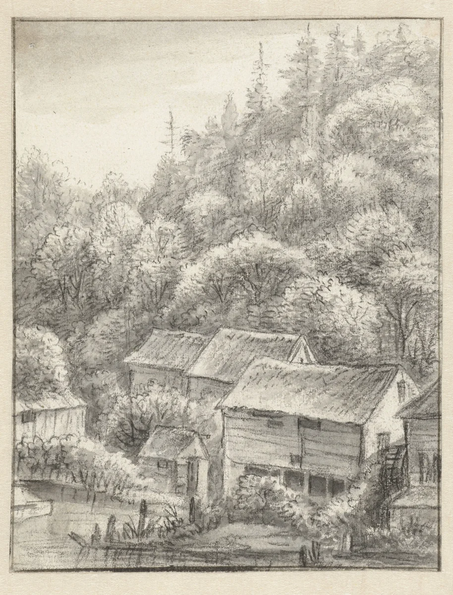 Huizen tegen een beboste helling by Anthonie Waterloo, drawing, 1619-1690