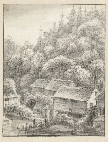 Huizen tegen een beboste helling by Anthonie Waterloo, drawing, 1619-1690