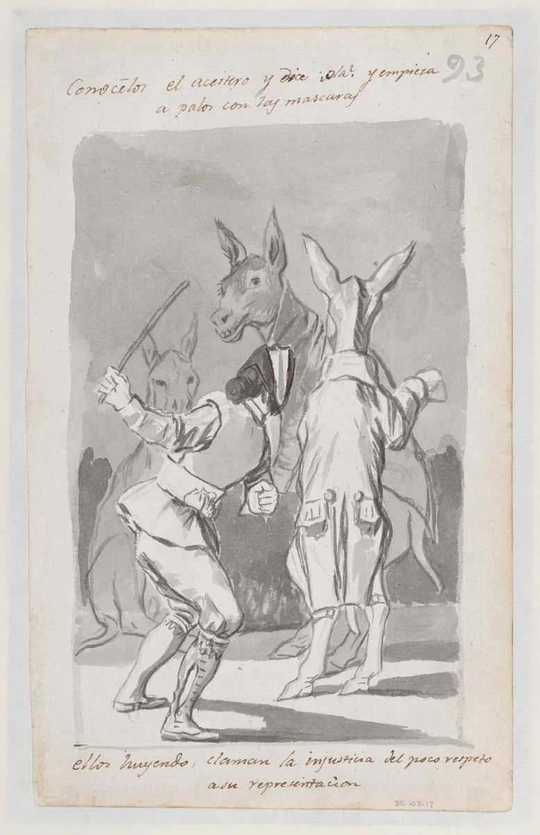 Masquerading asses being whipped; folio 93 (recto) from the Madrid Album "B" by Goya, drawing, 1796-1798