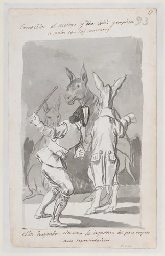 Masquerading asses being whipped; folio 93 (recto) from the Madrid Album "B" by Goya, drawing, 1796-1798