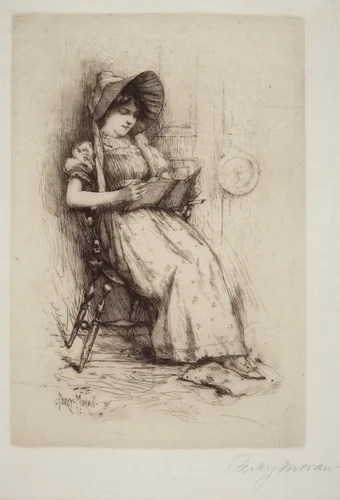 Untitled (Young Girl With Hat, In Chair, Reading) by Edward Percy Moran, print, 1880-1889