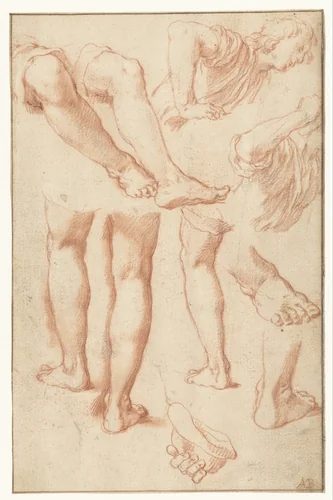 Studieblad met benen, voeten en een leunende jongeman by Abraham Bloemaert, drawing, 1574-1651