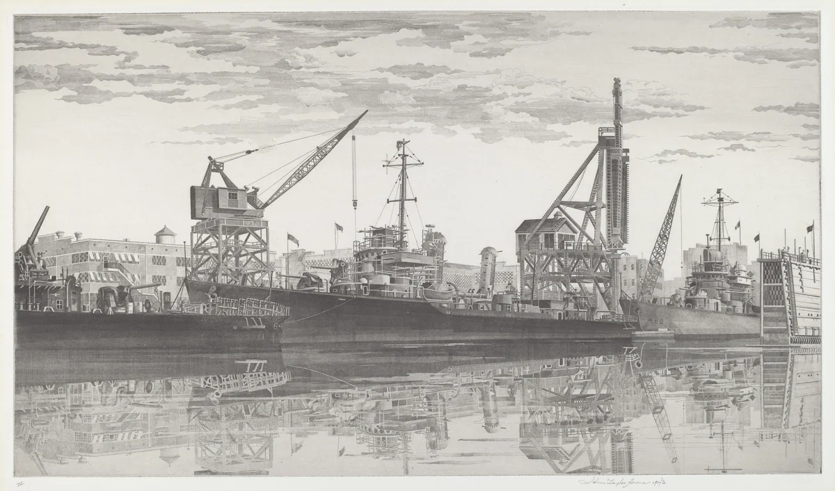 Destroyers in Wet Basin by John Taylor Arms, print, 1945