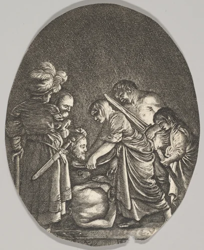 Salome receiving the head of John the Baptist, surrounded by three men and a child bearing a torch, the Baptist's body lies on the ground by Hendrick Goudt, print, 1605-1615