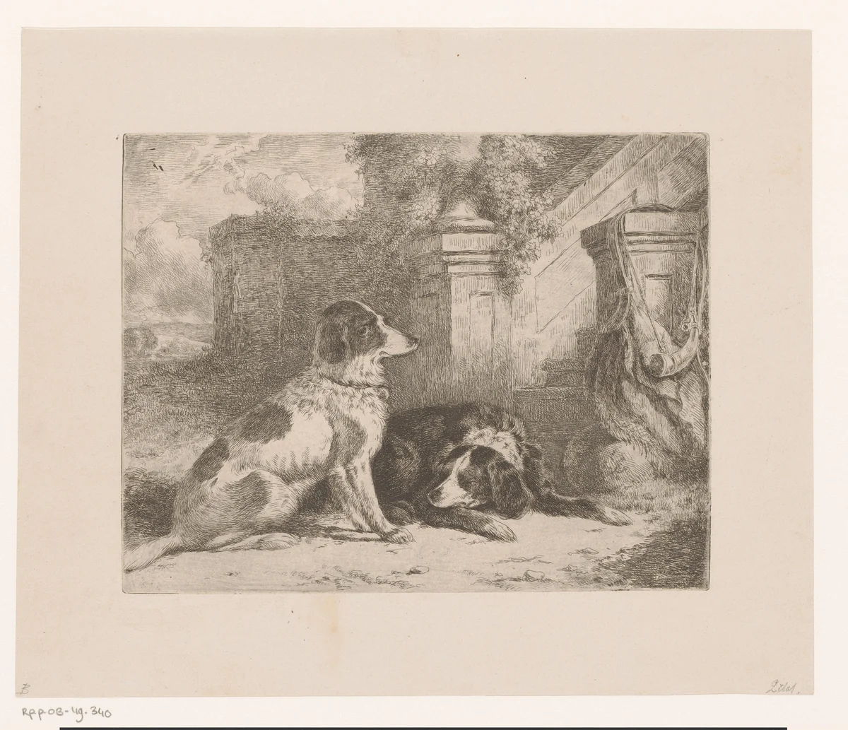 Twee patrijshonden bij een trap by Joseph Moerenhout, print, 1811-1874