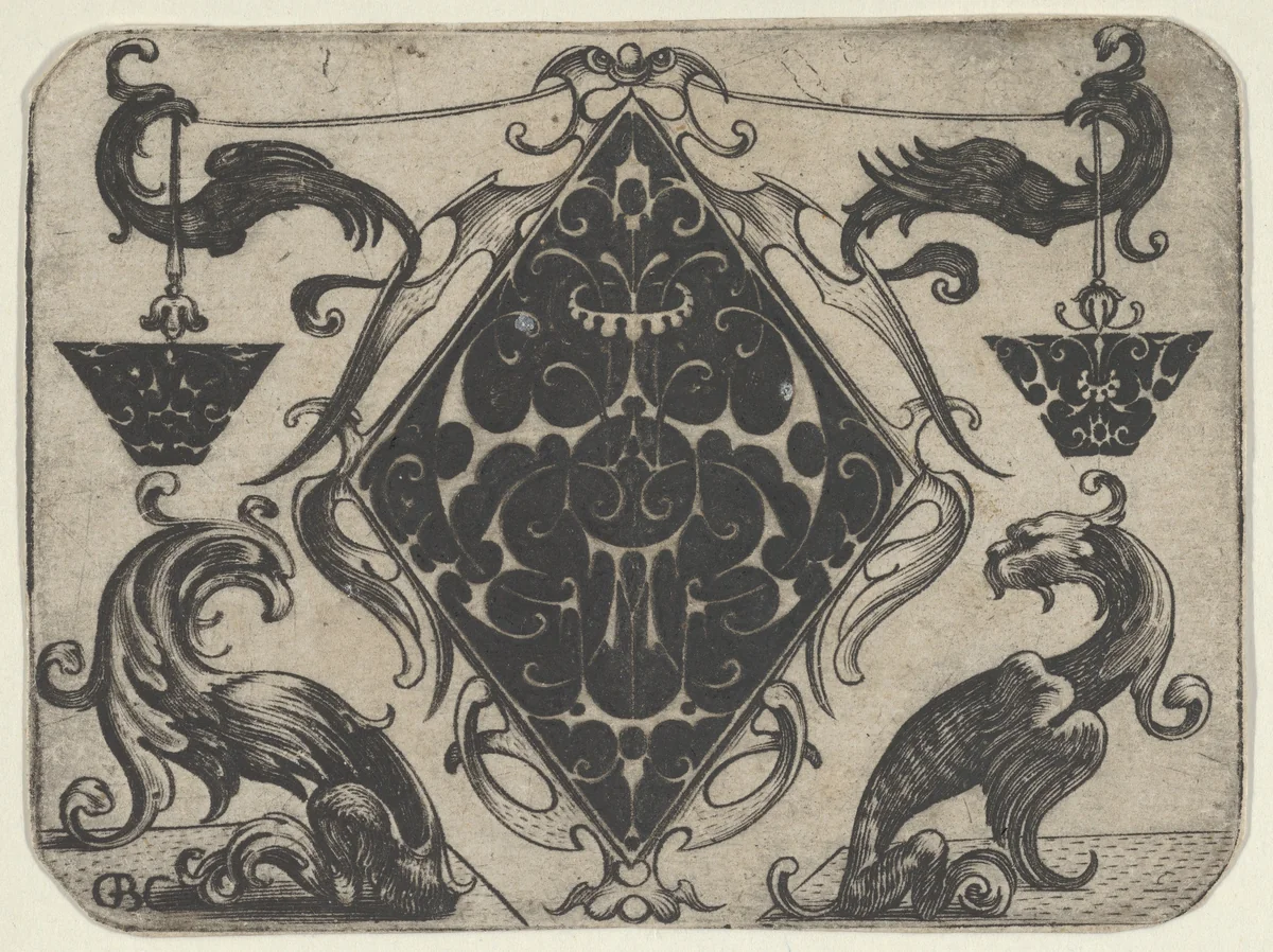 Lozenge-shaped Pendant and Two Trapezoid Motifs by Giovanni Battista Costantini, print, 1622