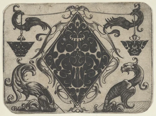 Lozenge-shaped Pendant and Two Trapezoid Motifs by Giovanni Battista Costantini, print, 1622