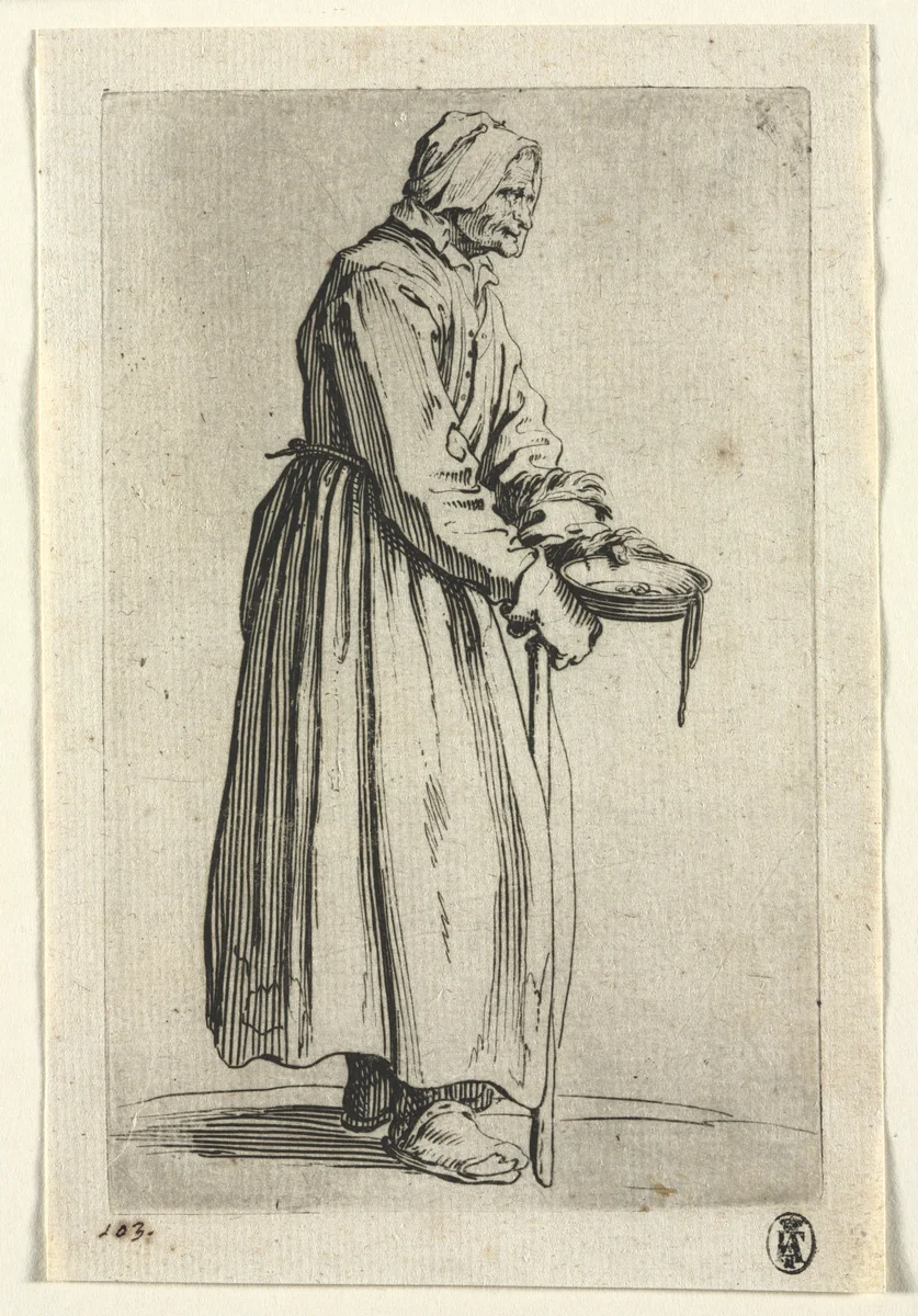The Beggars: Beggar Woman with Her Alms Bowl by Jacques Callot, print, 1619-1627