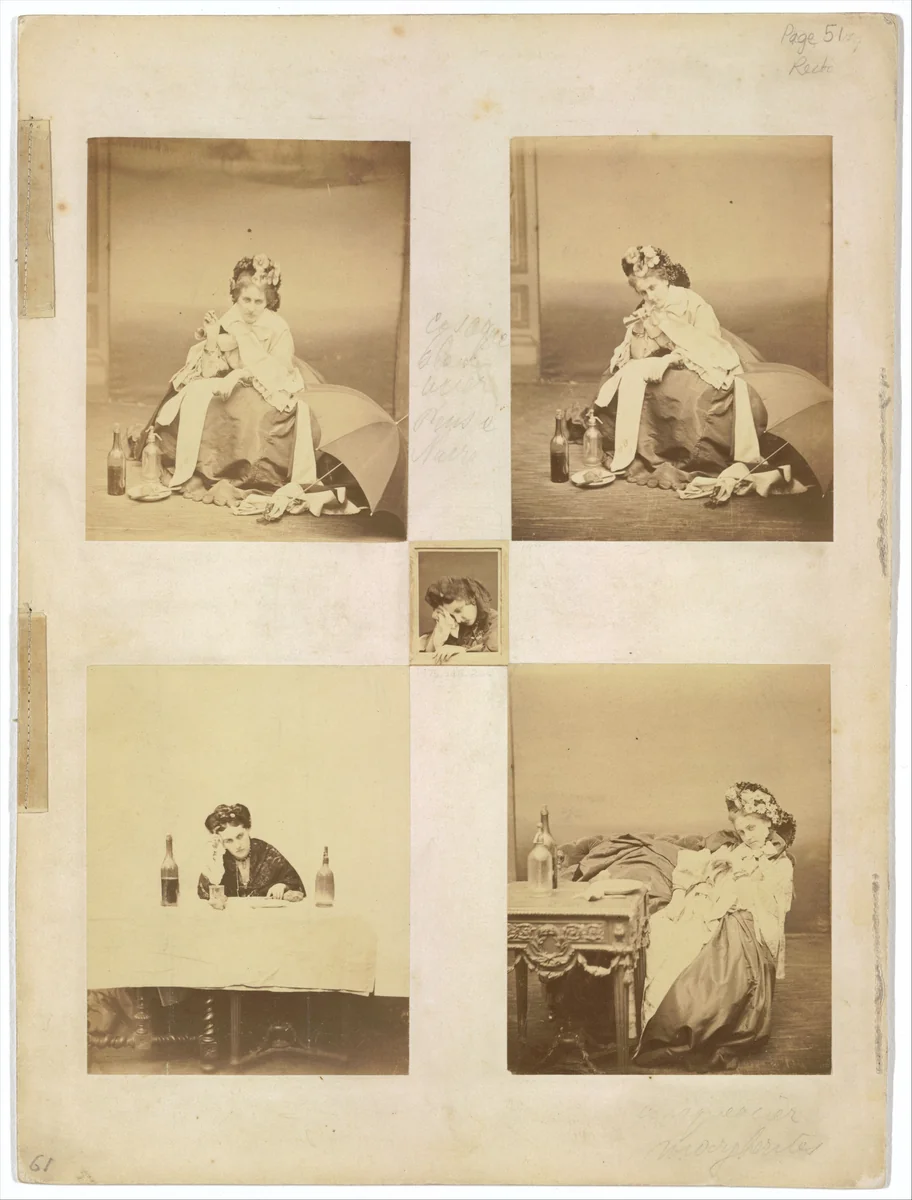 [Album page with ten photographs of La Comtesse mounted recto and verso] by Pierre-Louis Pierson, photograph, 1861-1867