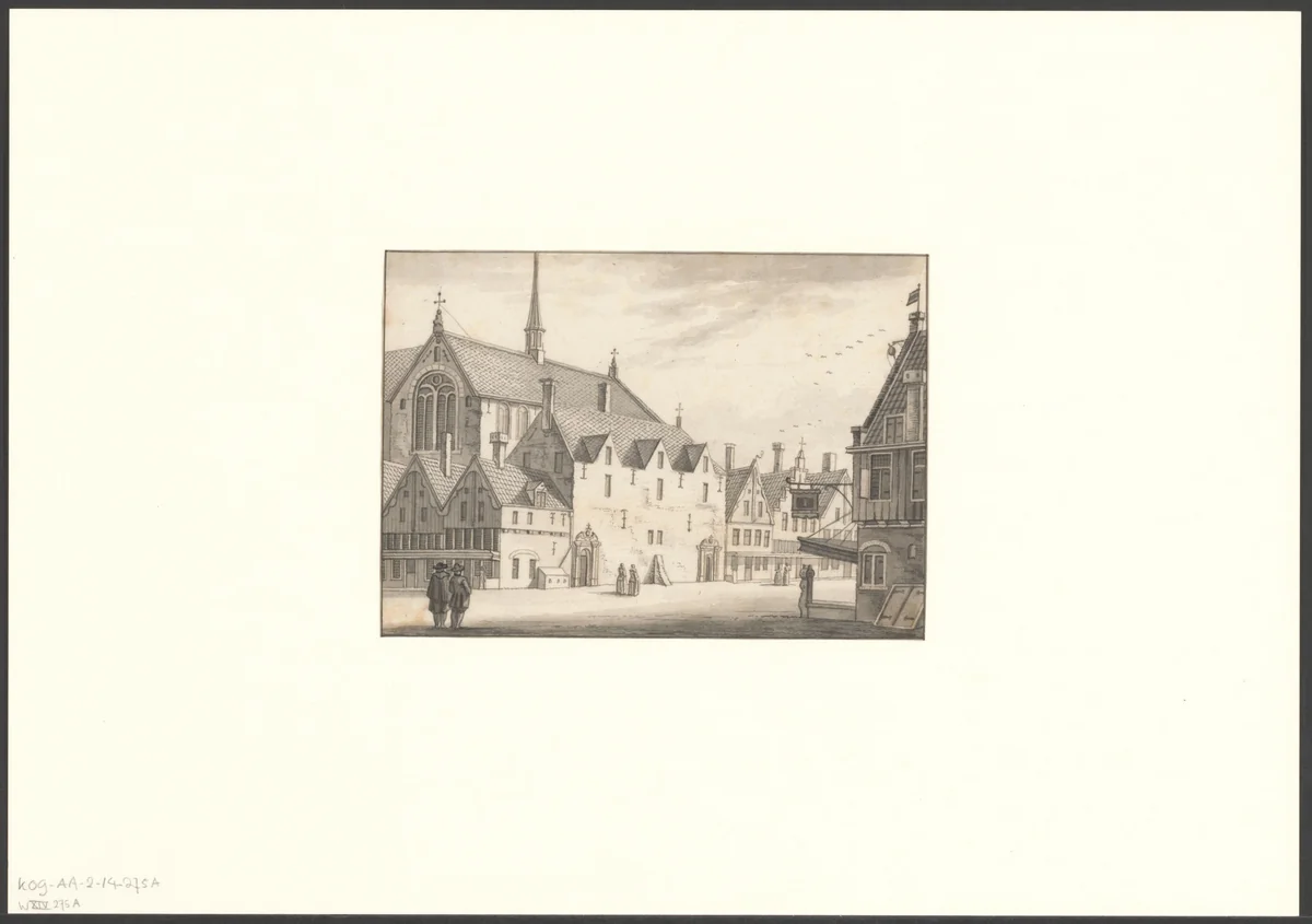 Gezicht op het Clarissenklooster aan de Heiligeweg by anonymous, drawing, 1700-1799