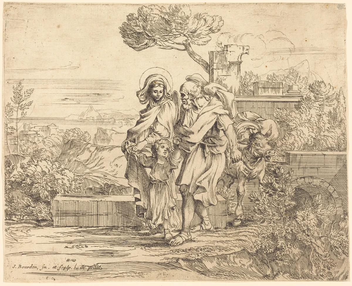 The Rest on the Flight into Egypt by Sébastien Bourdon, print, 1616-1671