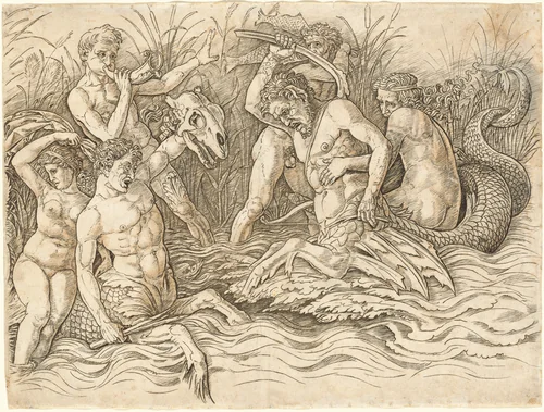 Battle of the Sea Gods [right half] by Andrea Mantegna, print, 1481