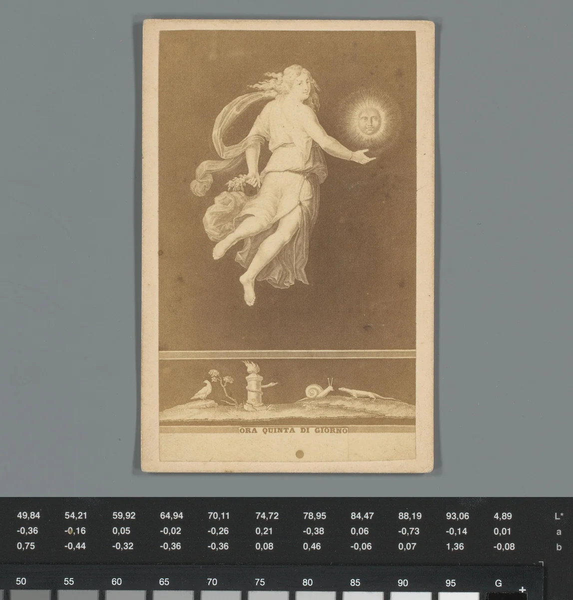 Fotoreproductie van een prent van een allegorisch figuur van het vijfde uur van de dag met reclame voor een parfumerie in Parijs by anonymous, photograph, 1867-1868