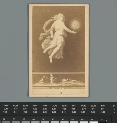 Fotoreproductie van een prent van een allegorisch figuur van het vijfde uur van de dag met reclame voor een parfumerie in Parijs by anonymous, photograph, 1867-1868