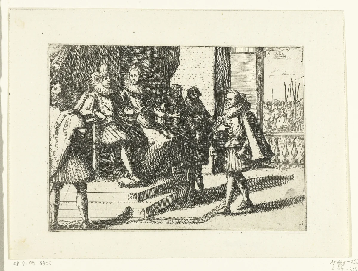 Filips III geeft op advies van Margaretha van Oostenrijk militaire hulp aan Hongarije tegen de Turken by Jacques Callot, print, 1612