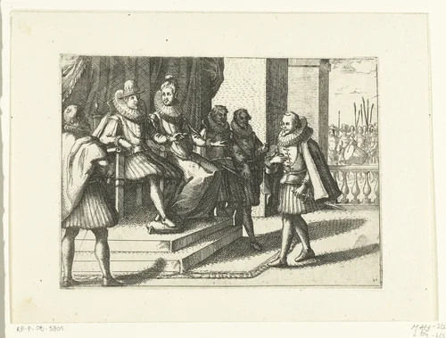 Filips III geeft op advies van Margaretha van Oostenrijk militaire hulp aan Hongarije tegen de Turken by Jacques Callot, print, 1612