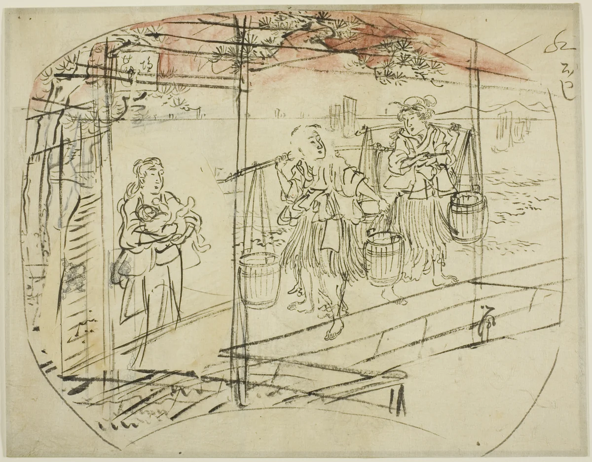 Gathering Salt Water at the Beach by Utagawa Kuniyoshi (歌川國芳), drawing