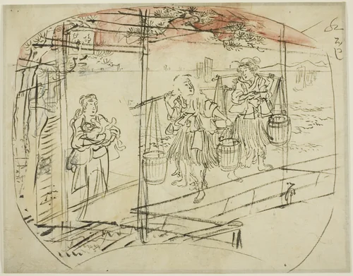 Gathering Salt Water at the Beach by Utagawa Kuniyoshi (歌川國芳), drawing