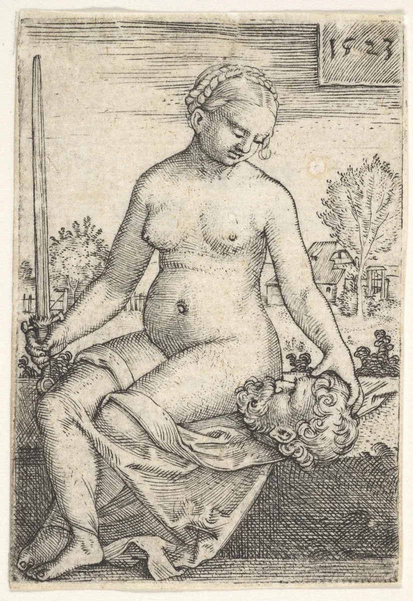 Judith, seated nude with a sword in her right hand, gazing down at the head of Holofernes in her left hand by Barthel Beham, print, 1523