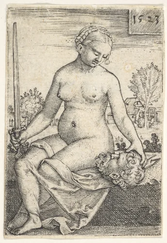Judith, seated nude with a sword in her right hand, gazing down at the head of Holofernes in her left hand by Barthel Beham, print, 1523