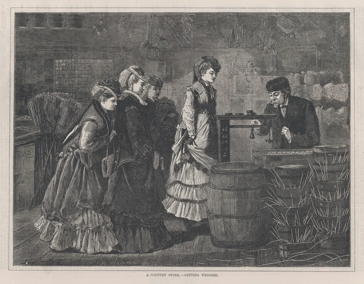 A Country Store – Getting Weighed (Every Saturday, Vol. II, New Series) by Winslow Homer, print, 1871