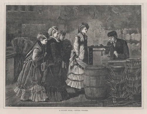 A Country Store – Getting Weighed (Every Saturday, Vol. II, New Series) by Winslow Homer, print, 1871