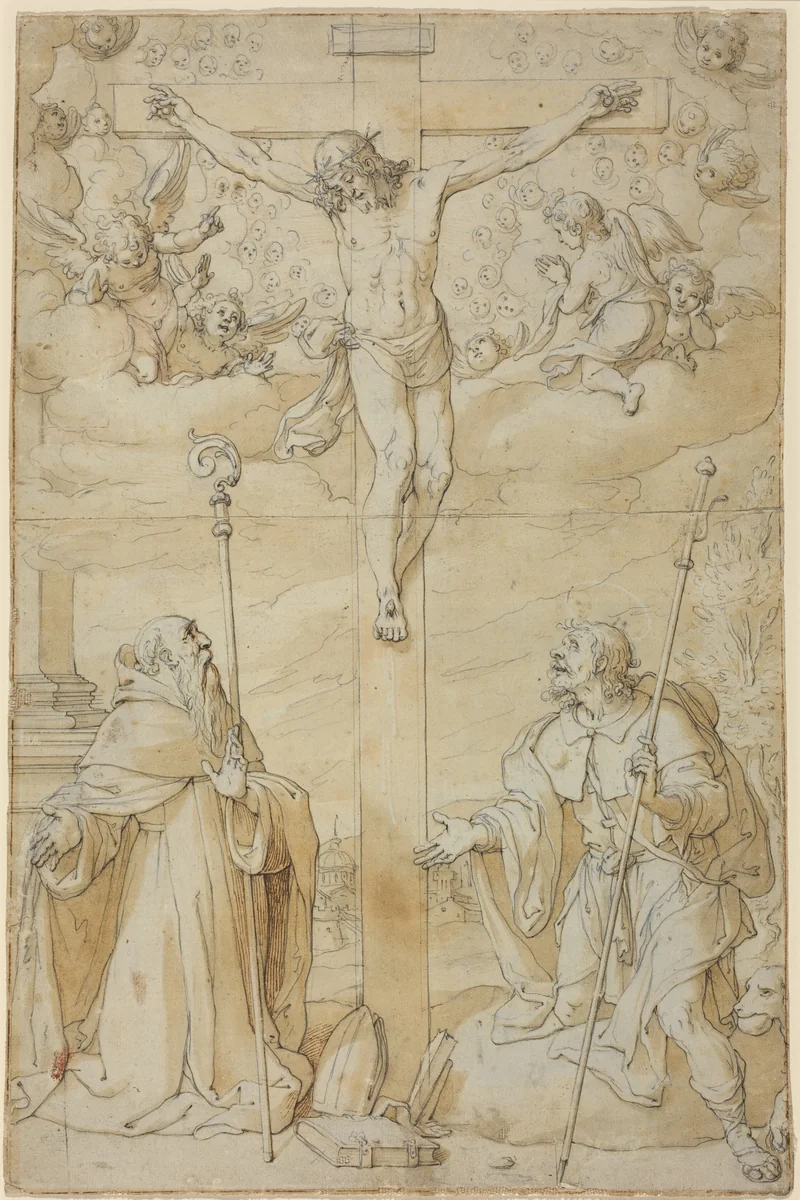 The Crucifixion with Saints Roch and Augustine by Filippo Bellini, drawing, 1550-1604