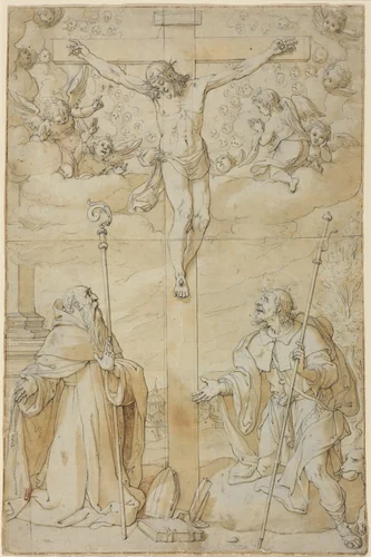The Crucifixion with Saints Roch and Augustine by Filippo Bellini, drawing, 1550-1604
