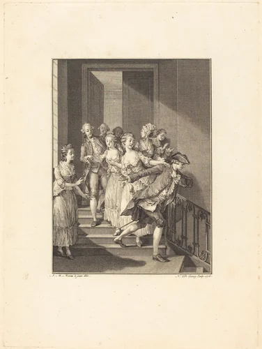 Saint-Preux sort de chez des femmes du monde by Nicolas Delaunay; Jean-Michel Moreau the Younger, print, 1776