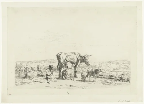 Landschap met vrouw die koe melkt en jongen met schapen by Simon van den Berg, print, 1822-1891