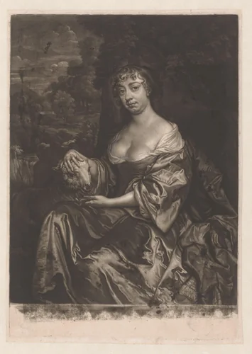 Portret van een vrouw met lam, mogelijk Elizabeth Hamilton of Eleanor ('Nell') Gwyn by James McArdell, print, 1745-1765