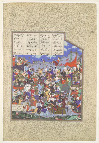 "The Battle of Pashan Begins", Folio 243v from the Shahnama (Book of Kings) of Shah Tahmasp by Abu'l Qasim Firdausi, manuscript, 1505-1560