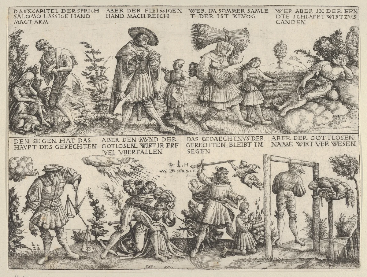 Illustrations to Proverbs 10: 4-7 by Daniel Hopfer, print, 1534