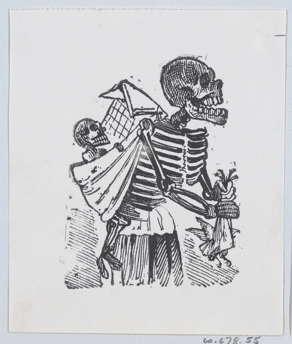 A skeleton picking crops in a field while carrying a baby skeleton on its back by José Guadalupe Posada, print, 1875-1885