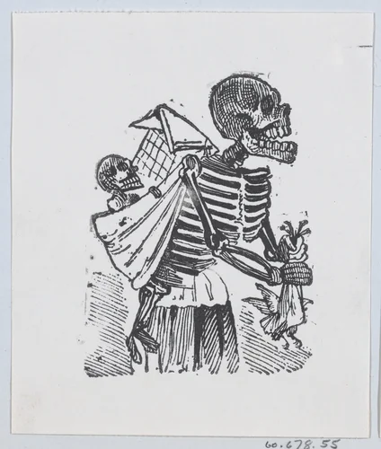 A skeleton picking crops in a field while carrying a baby skeleton on its back by José Guadalupe Posada, print, 1875-1885