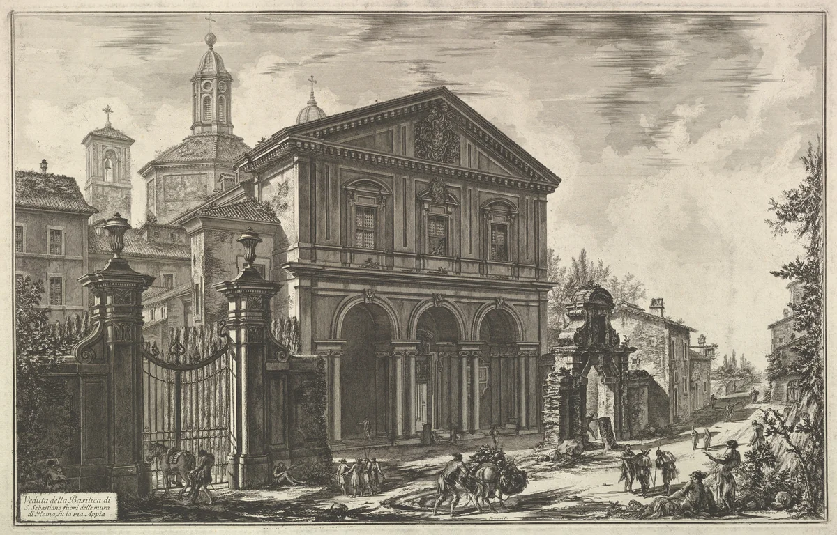 View of the Basilica of San Sebastiano fuori delle mura [St. Sebastian ouside the Walls] on the Appian Way, from Vedute di Roma (Roman Views) by Giovanni Battista Piranesi, print, 1745-1755