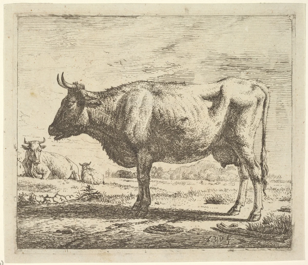 Two Cows and a Sheep, plate 4 from "Different Animals" by Adriaen van de Velde, print, 1650-1672
