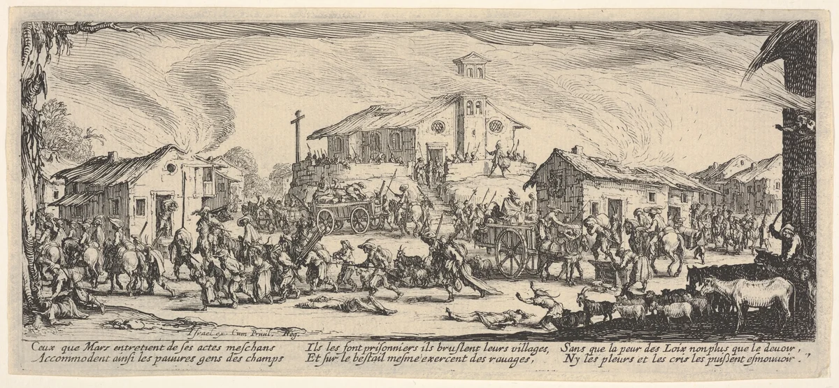 Plate 7: A town being sacked with church in the background, from "The Large Miseries of War" (Les misères et les malheurs de la guerre) by Jacques Callot, print, 1633