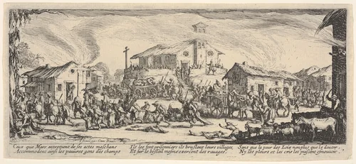 Plate 7: A town being sacked with church in the background, from "The Large Miseries of War" (Les misères et les malheurs de la guerre) by Jacques Callot, print, 1633